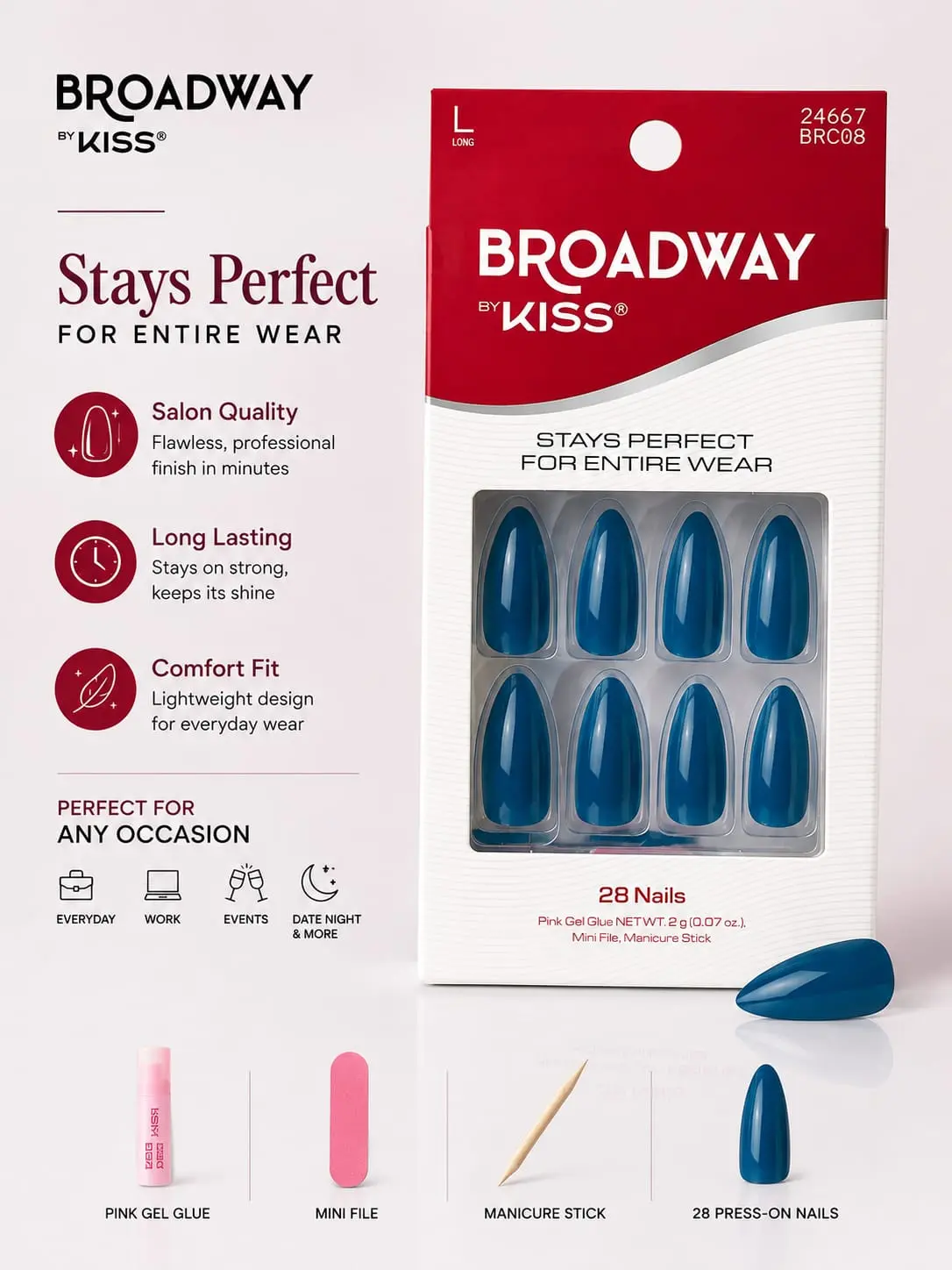 Broadway by KISS Deep Blue Long Set press-on nails